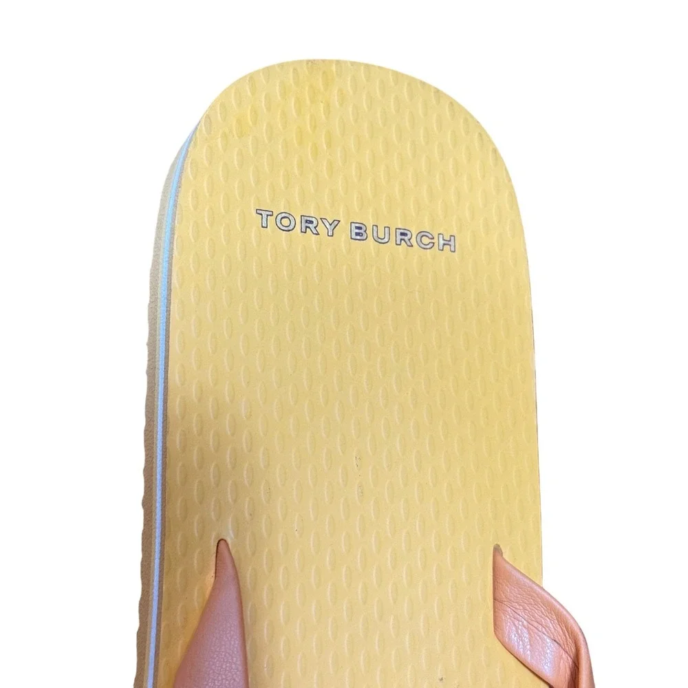 Tory Burch Yellow Tan Leather Mini Minnie Logo Flip Flop Sandals Womens Chic Sz9